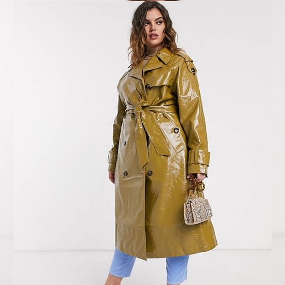 ASOS Curve Jackets & Blazers - ASOS DESIGN Curve vinyl trench coat in khaki